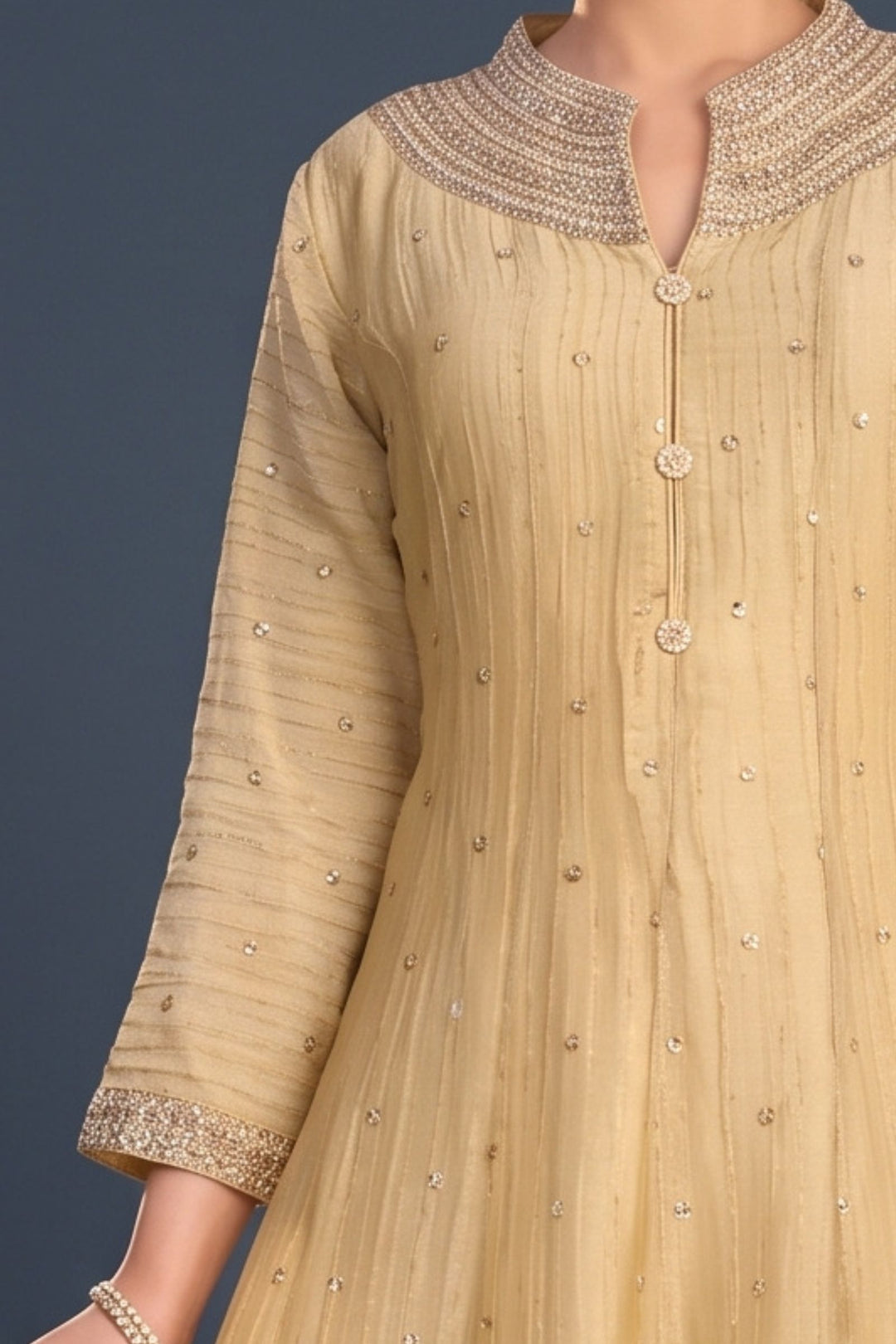 Fawn Zari Thread, Sequins and Beads work Anarkali Style Salwar