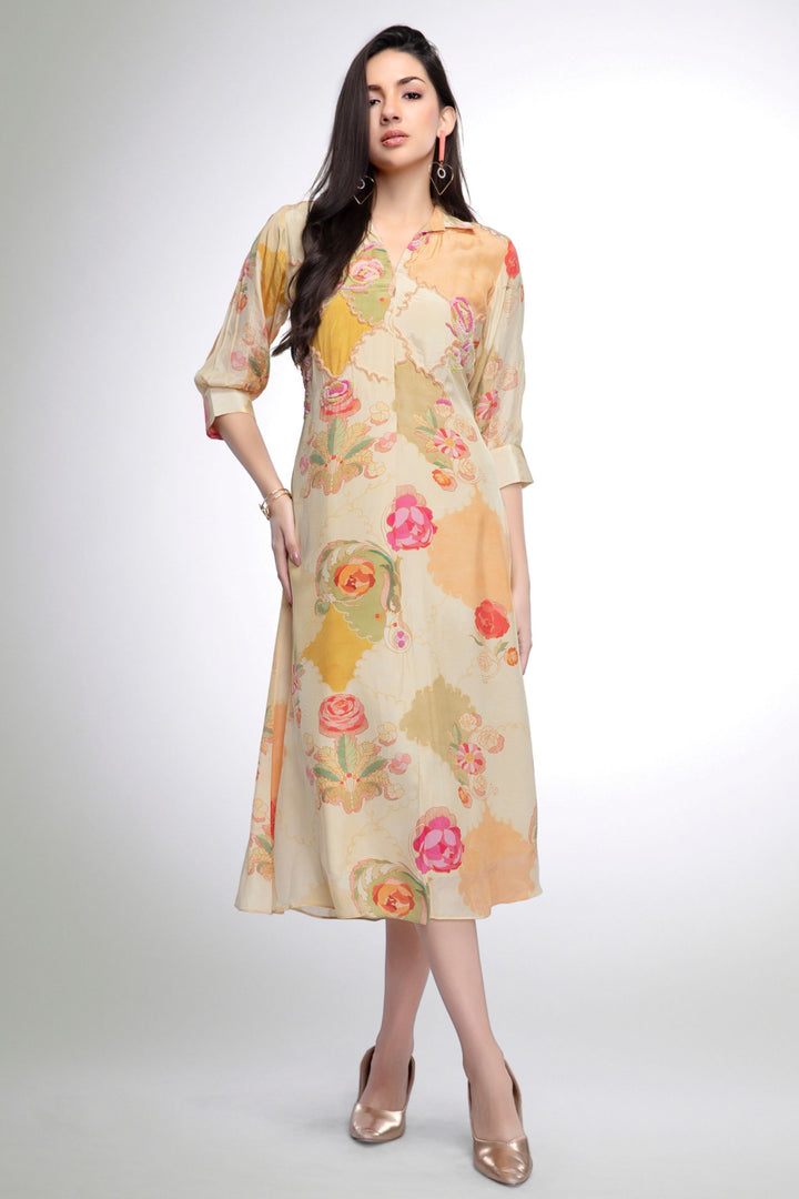 Cream Beads work with Floral Print Anarkali Styled Kurti