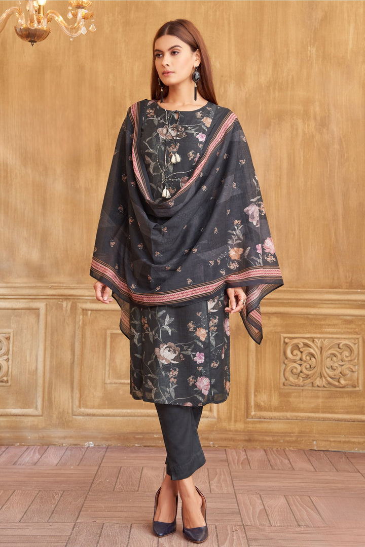 Grey Floral Print Straight Cut Salwar Suit