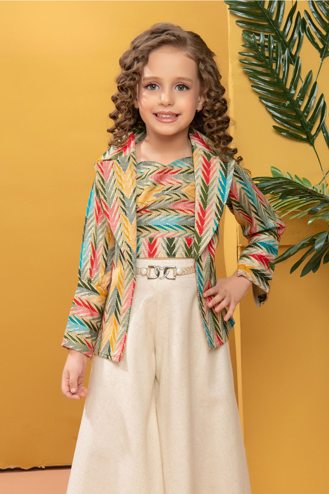 Cream with Multicolor Digital Print Overcoat Styled Palazzo Set for Girls