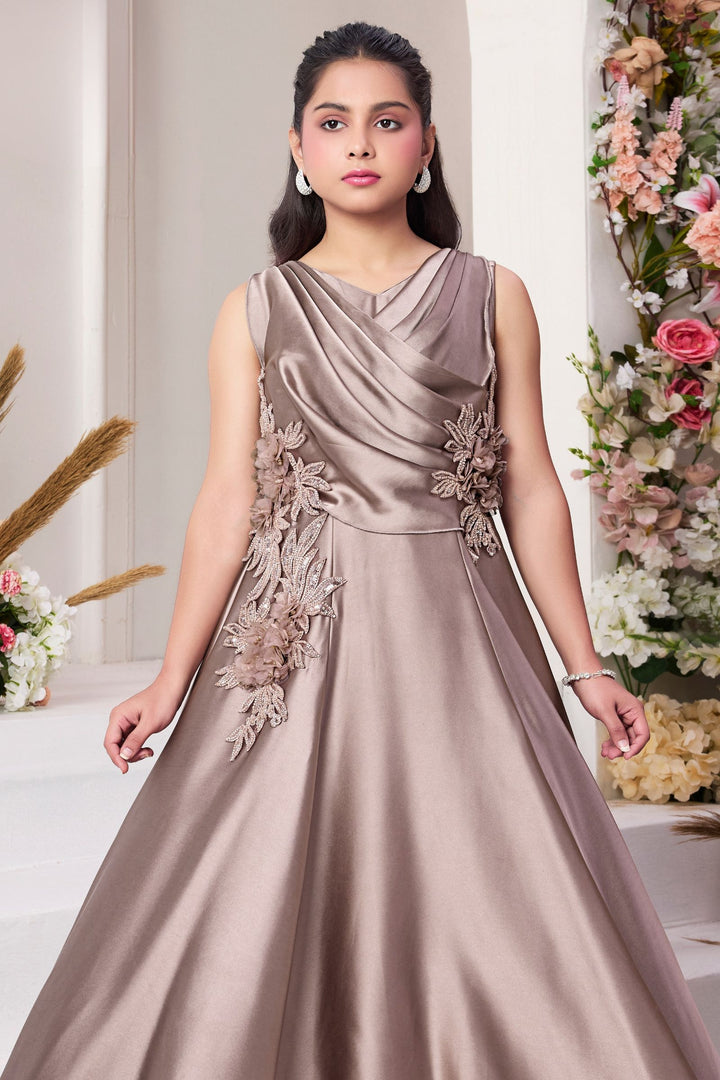 Gold Beads and Sequins work Long Party Gown for Girls
