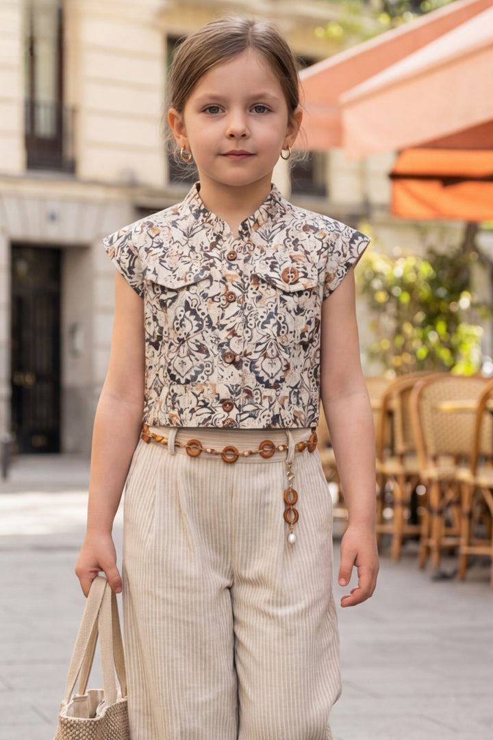 Half White with Multicolor Digital Print Top and Pant Set for Girls