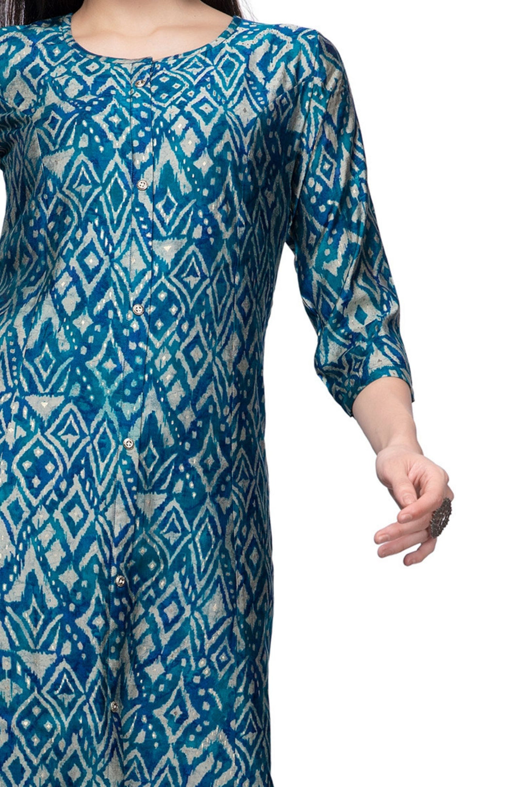 Peacock Blue with Sandal Digital Print Calf Length Kurti