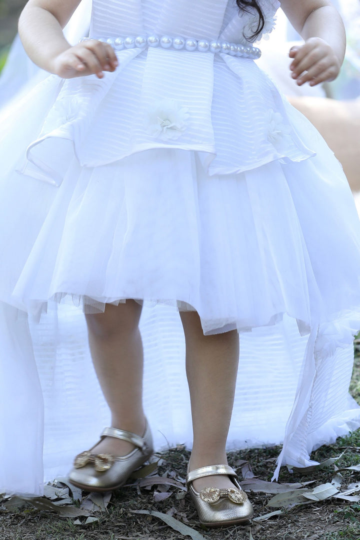 White Short Frock for Girls with Pearl Belt