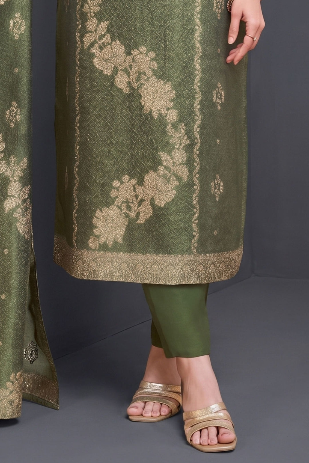 Leaf Green Banaras, Beads, Miror and Stone work Straight Cut Salwar Suit