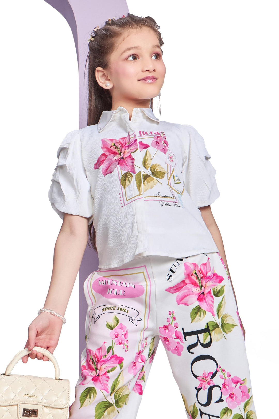 White Printed Co-ord Set for Girls