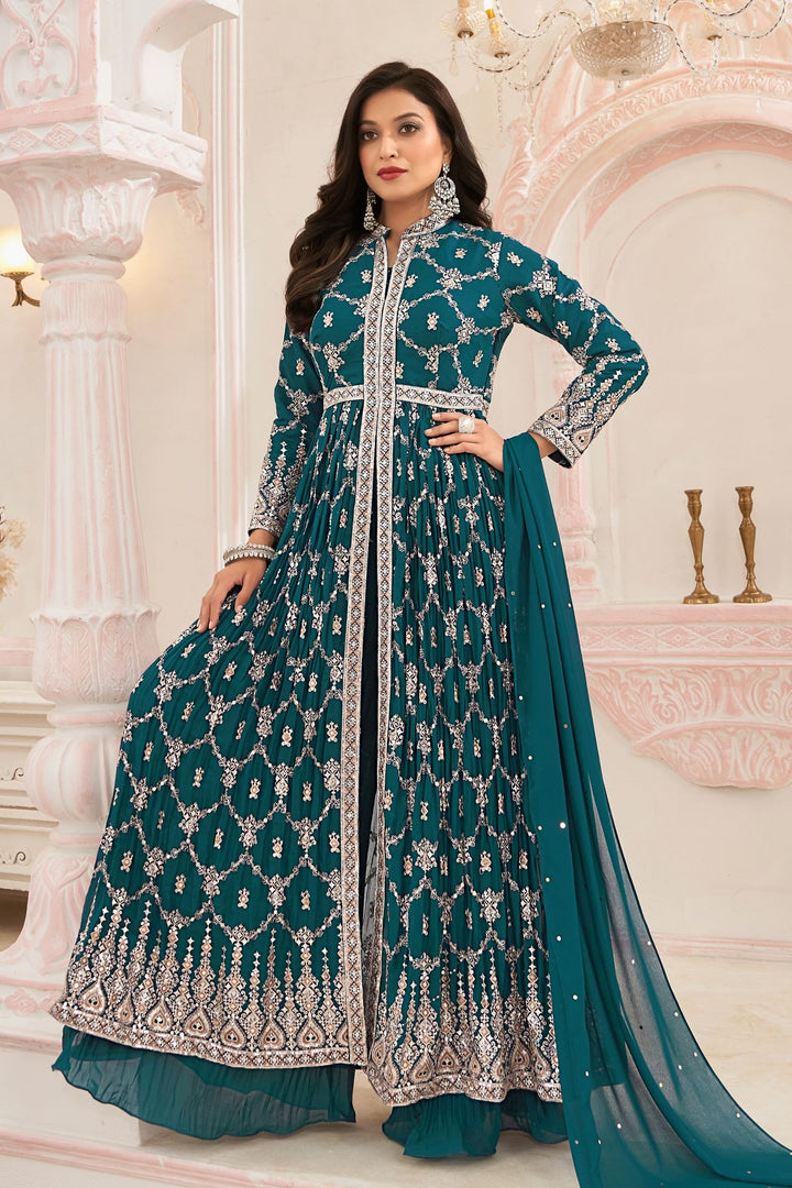 Peacock Blue Sequins and Zari work Mastani Styled Palazzo Suit