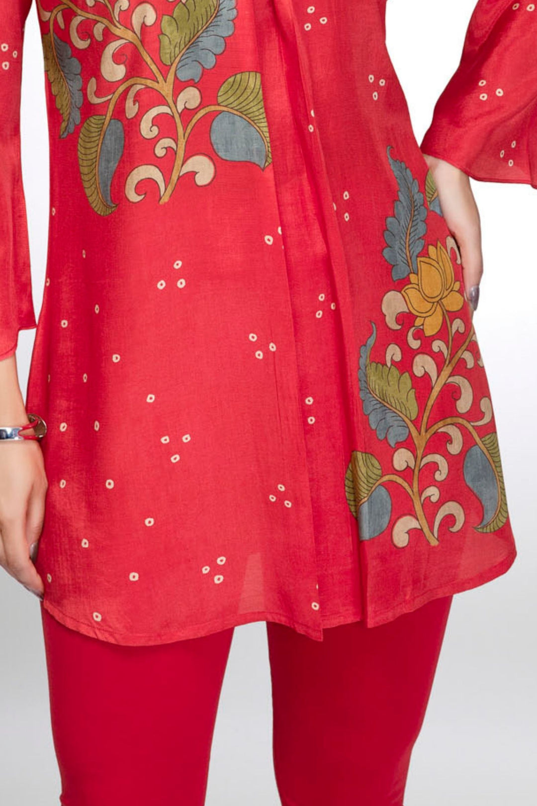 Tomato Red Floral Print Short Kurti