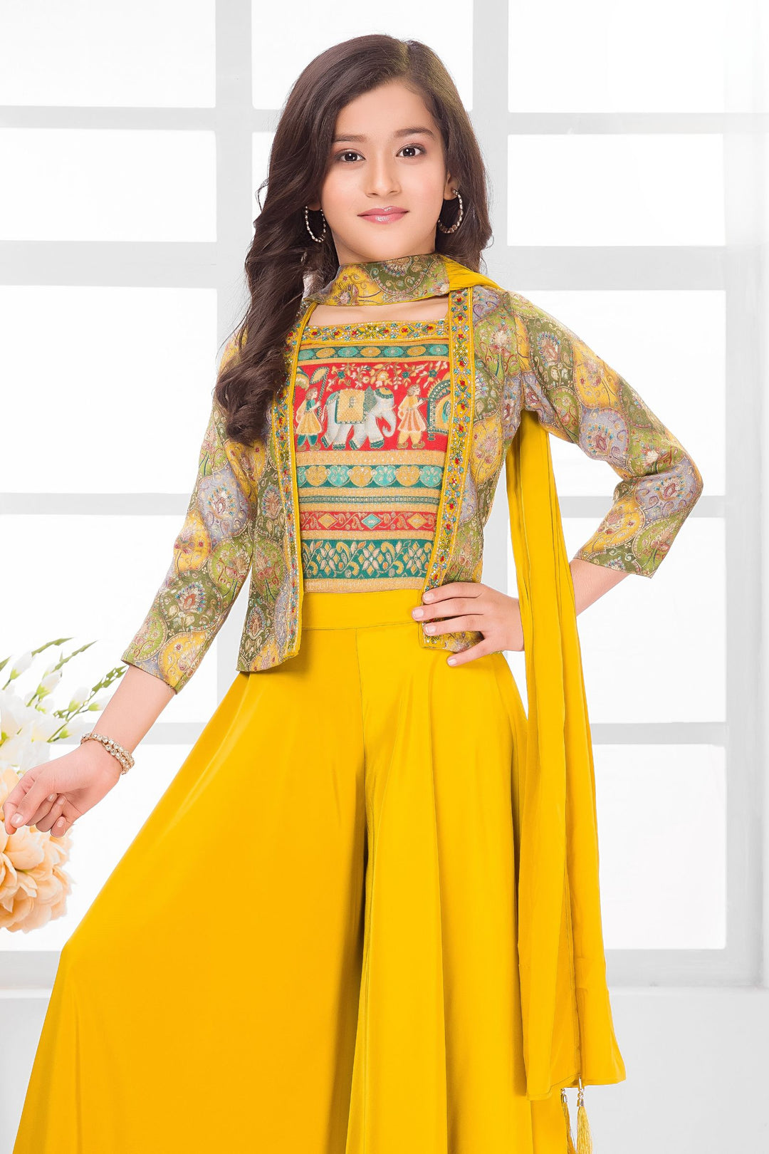 Yellow Zari and Beads work with Digital Print Jacket Styled Palazzo Set for Girls