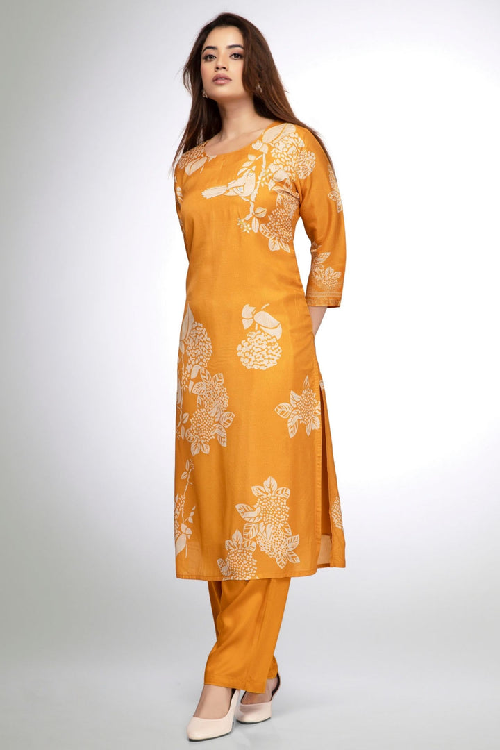 Yellow Floral Print Straight Kurta Set