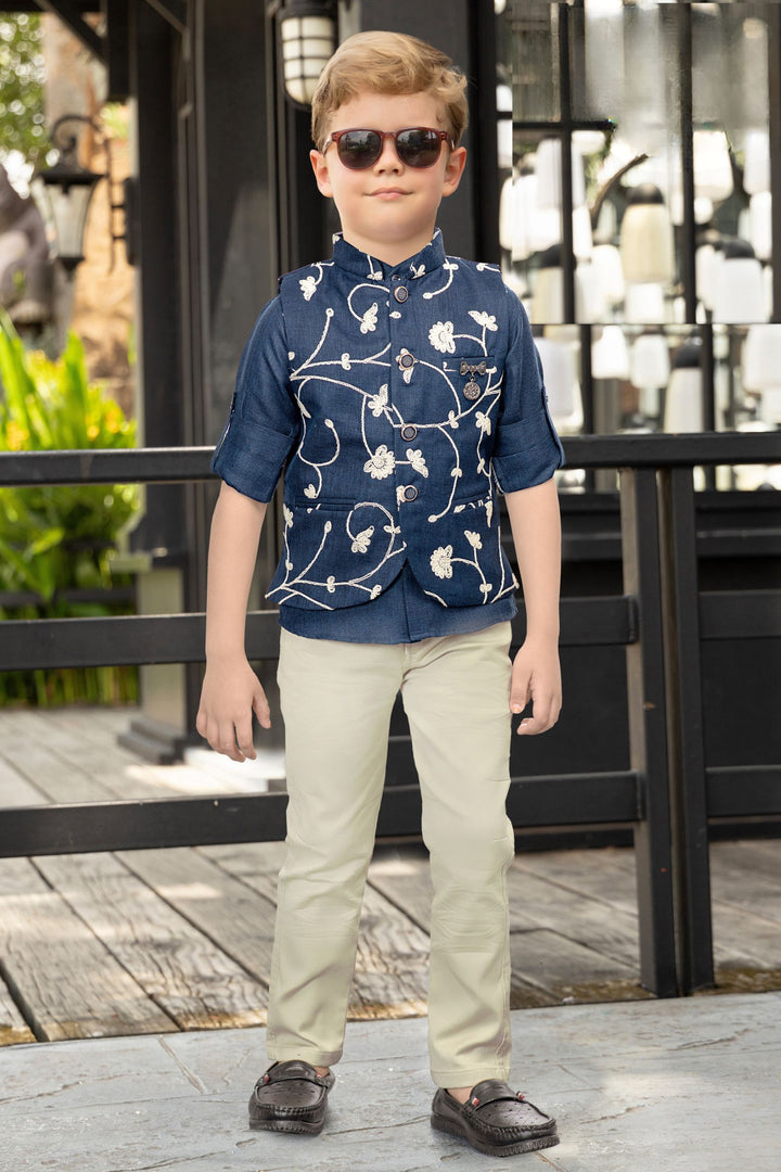 Teal Blue Thread work Waist Coat and Beige Pant Set for Boys with Belt