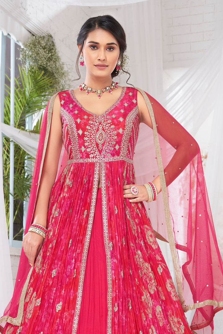 Red Zari and Sequins work with Digital Print Long Top Lehenga