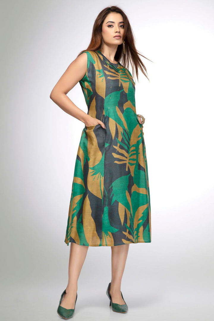 Green Stone work with Abstract Print A-Line Cut Calf Length Kurti