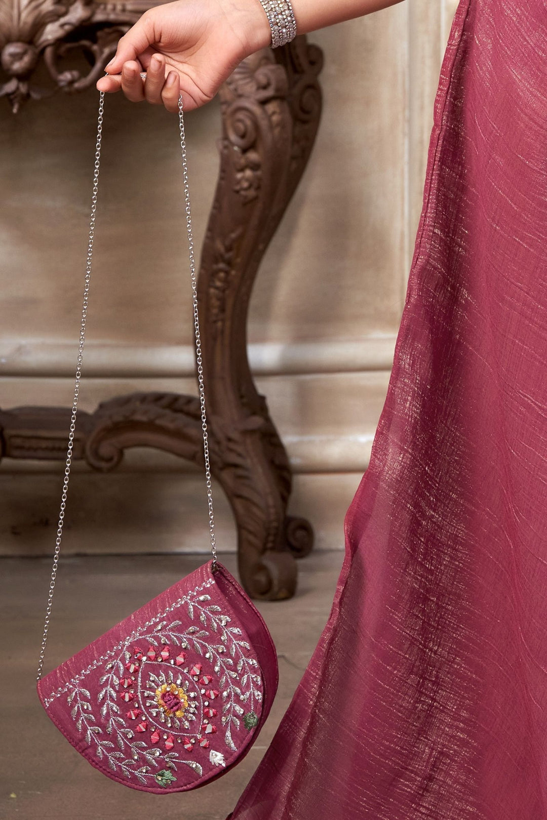 Magenta Zari, Multicolor Embroidery and Beads work Choli and Palazzo Set for Girls
