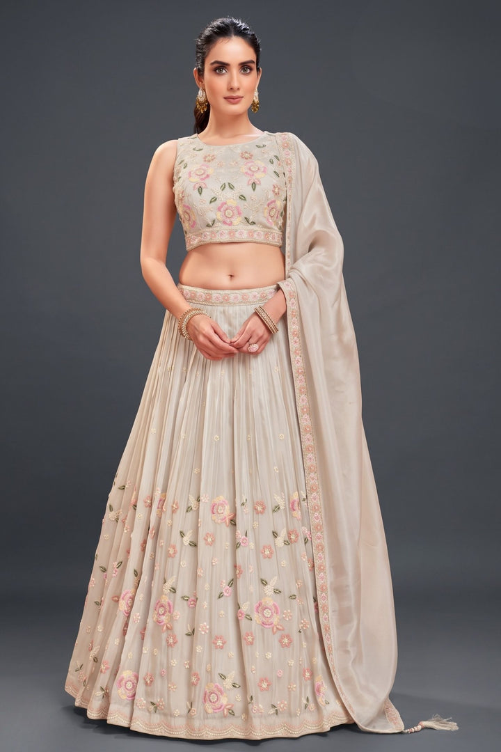 Cream Multicolor Embroidery, Sequins and Beads work Lehenga Set