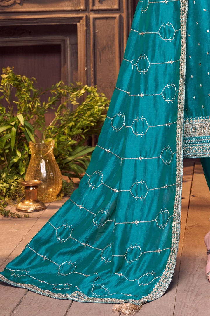 Rama Blue Sequins, Zari and Beads work Straight Cut Salwar Suit