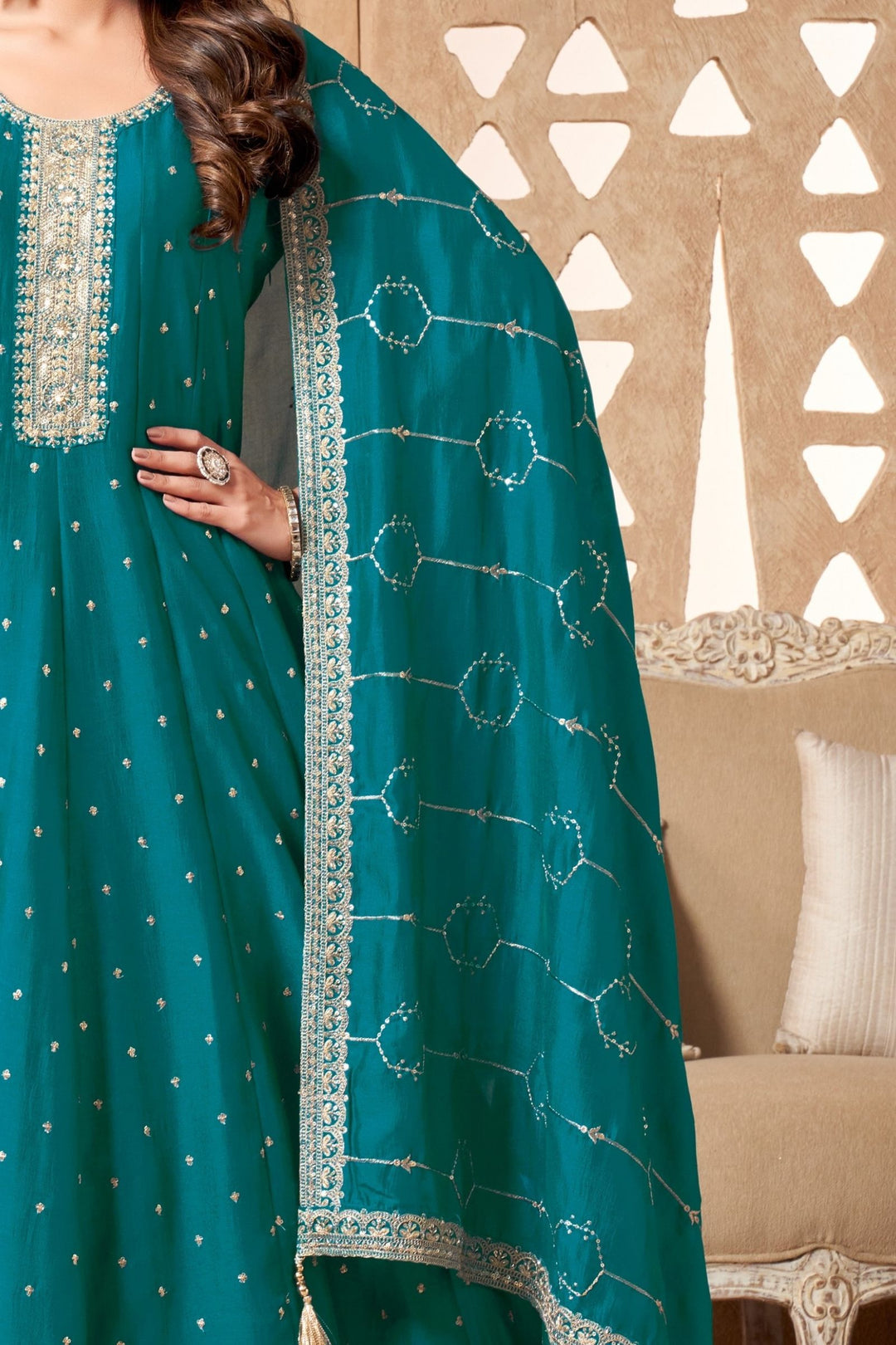 Rama Blue Sequins, Beads and Zari work Anarkali Style Salwar