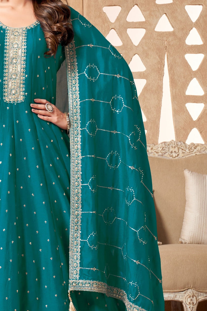 Rama Blue Sequins, Beads and Zari work Anarkali Style Salwar