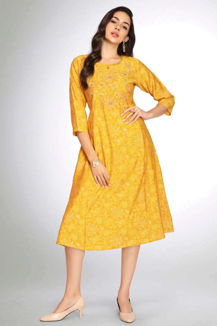 Yellow Mirror and Thread work with Digital Print A-Line Cut Calf Length Kurti