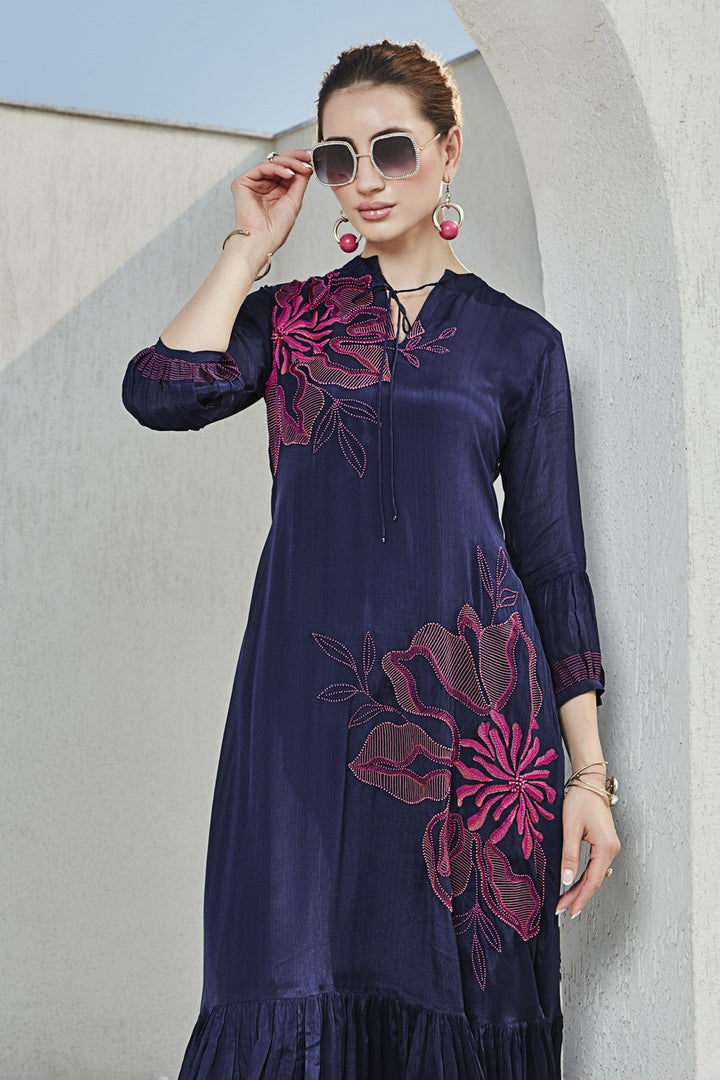 Navy Blue Thread and Beads work Anarkali Styled Long Kurti