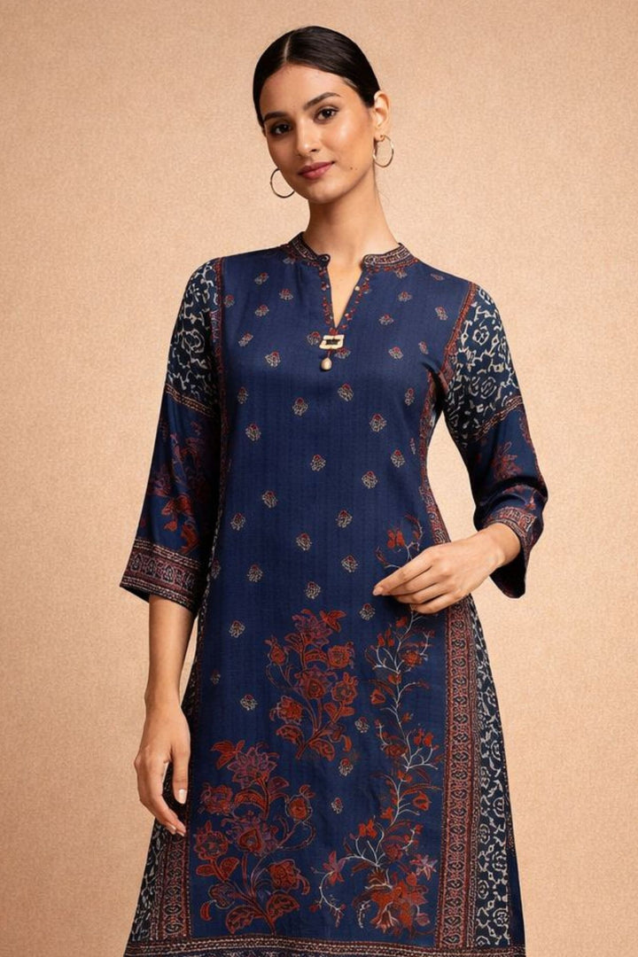 Navy Blue Beads work with Ajrakh Print Calf Length Kurti