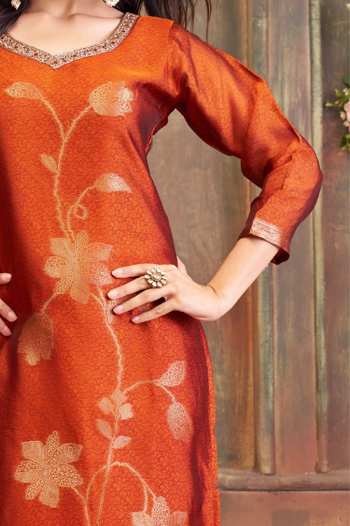 Orange Straight Cut Salwar Suit with Banaras, Stone, Zardozi and Beads work