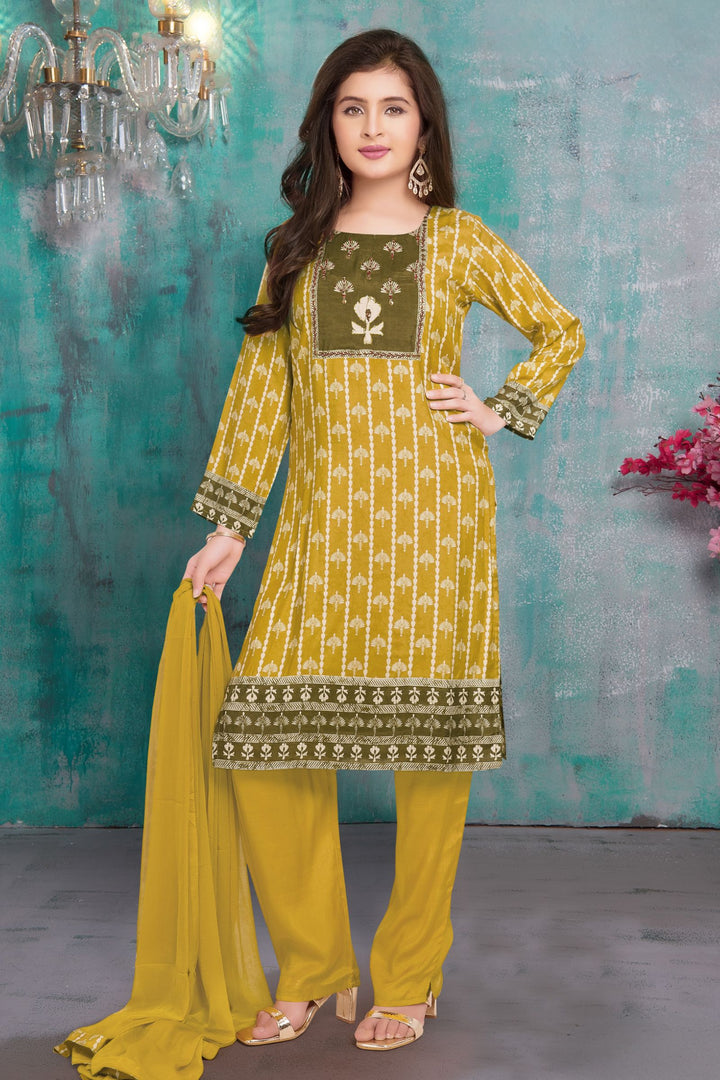 Mustard with Printed Straight Cut Salwar Suit for Girls
