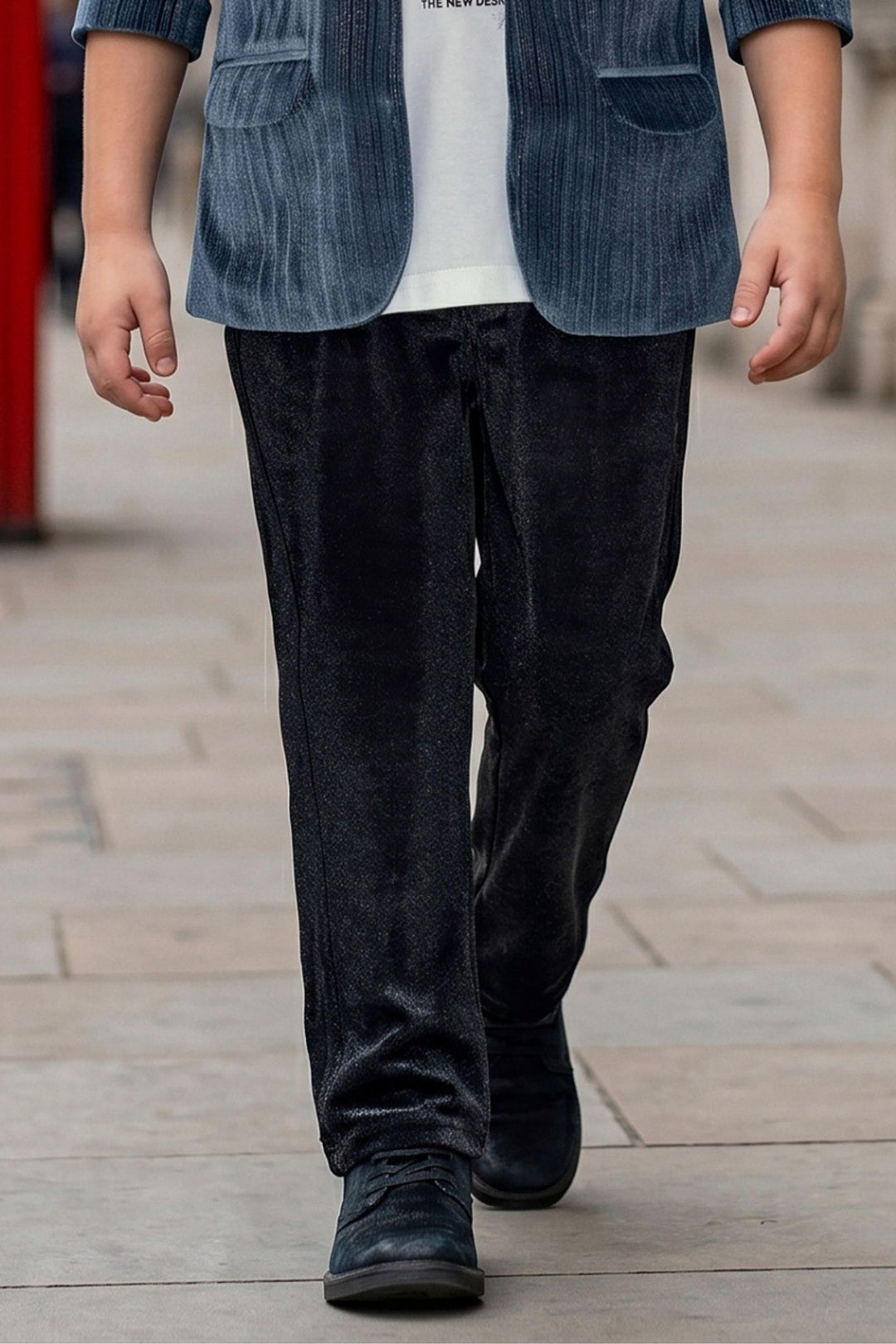 Boys Grey Casual Blazer Set with White Printed T-Shirt and Black Pants