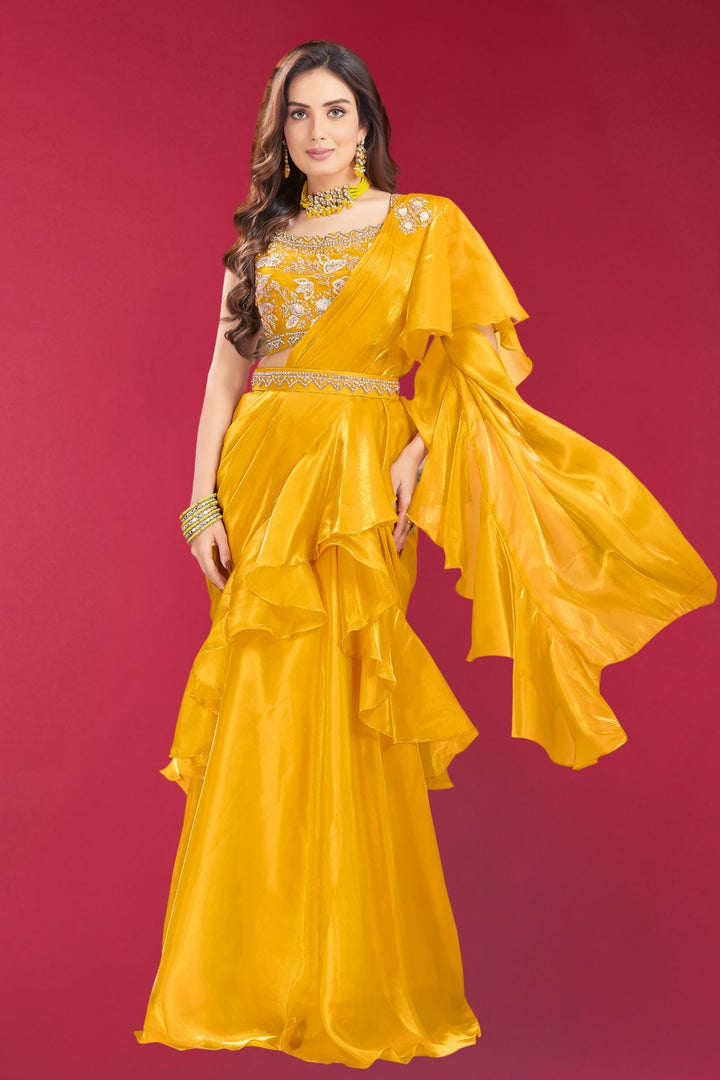 Yellow Ruffle Readymade Fancy Saree with Readymade Blouse with Belt