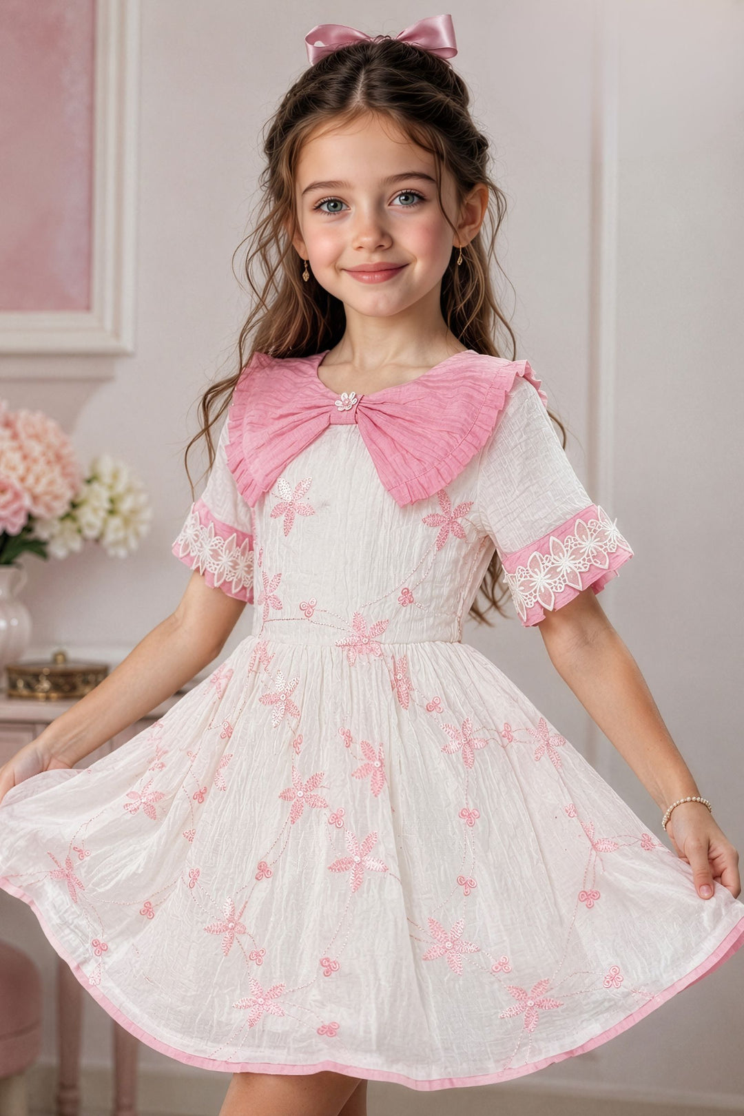 Half White with Pink Embroidery and Sequins work Short Frock For Girls