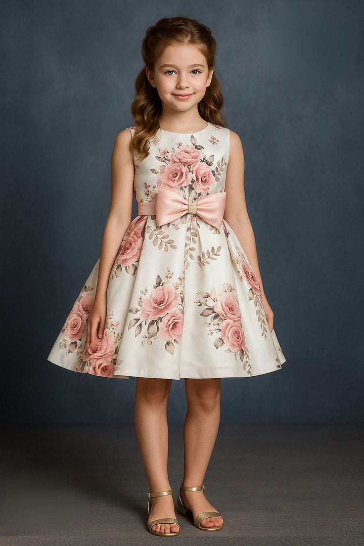 Half White Stone work with Floral Print Short Partywear Frock for Girls