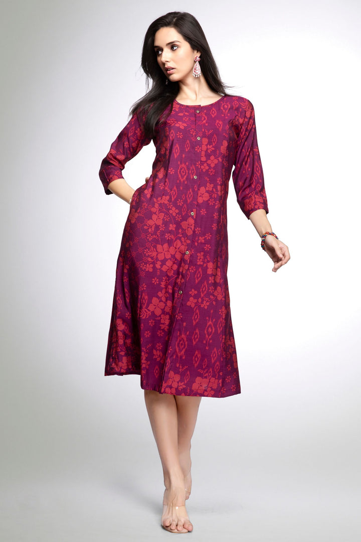 Magenta Digital Print Aline Cut Calf Length Kurti