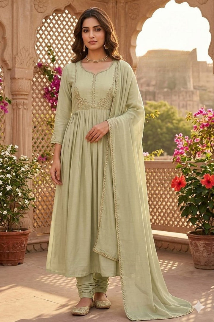 Pista Green Beads and Sequins work Anarkali Style Salwar