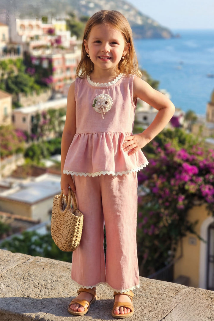 Baby Pink Lace work Top and Palazzo Set for Girls
