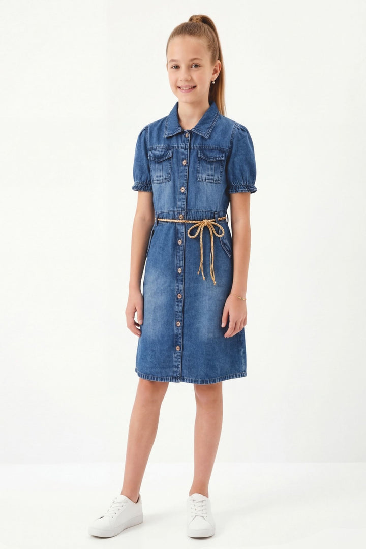 Blue Short Frock for Girls with Belt