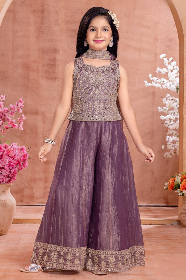 Lilac Zari Thread, Mirror and Stone work Palazzo Suit Set for Girls