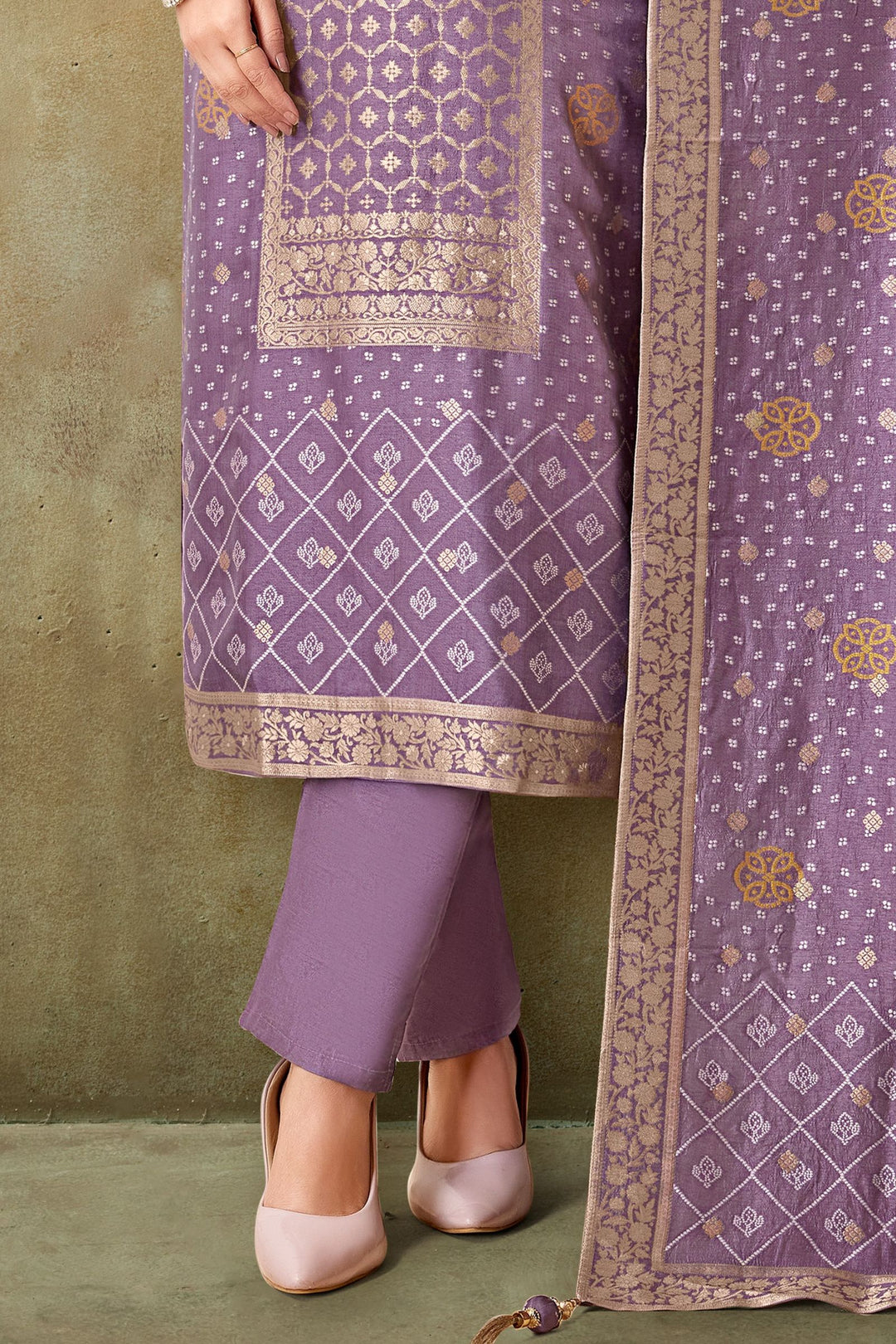 Lavender Banaras, Beads, Mirror and Sequins work Straight Cut Salwar Suit