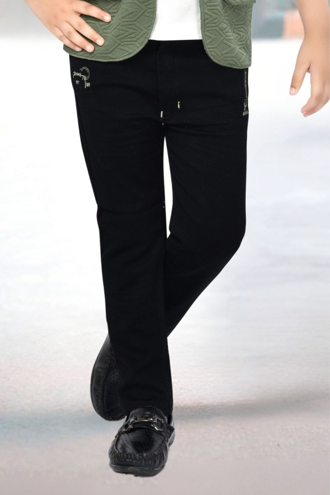 Green with White Printed Blazer, T-Shirt and Black Pant Set for Boys with Belt