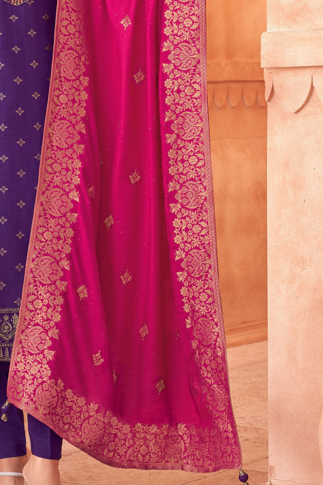 Violet Zari, Banaras, Sequins, Stone and Thread work Straight Cut Salwar Suit