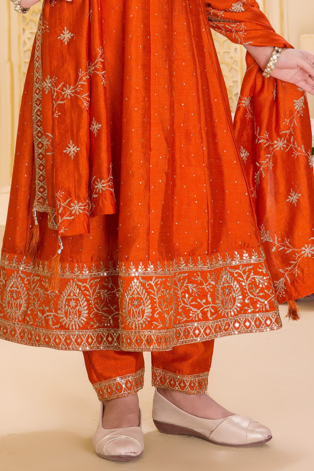 Orange Sequins, Zari and Stone work Anarkali Style Salwar Suit for Girls