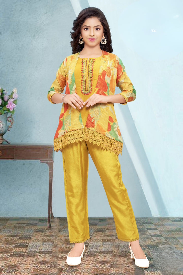 Yellow Zari Weaving with Digital Print Overcoat Salwar Suit for Girls
