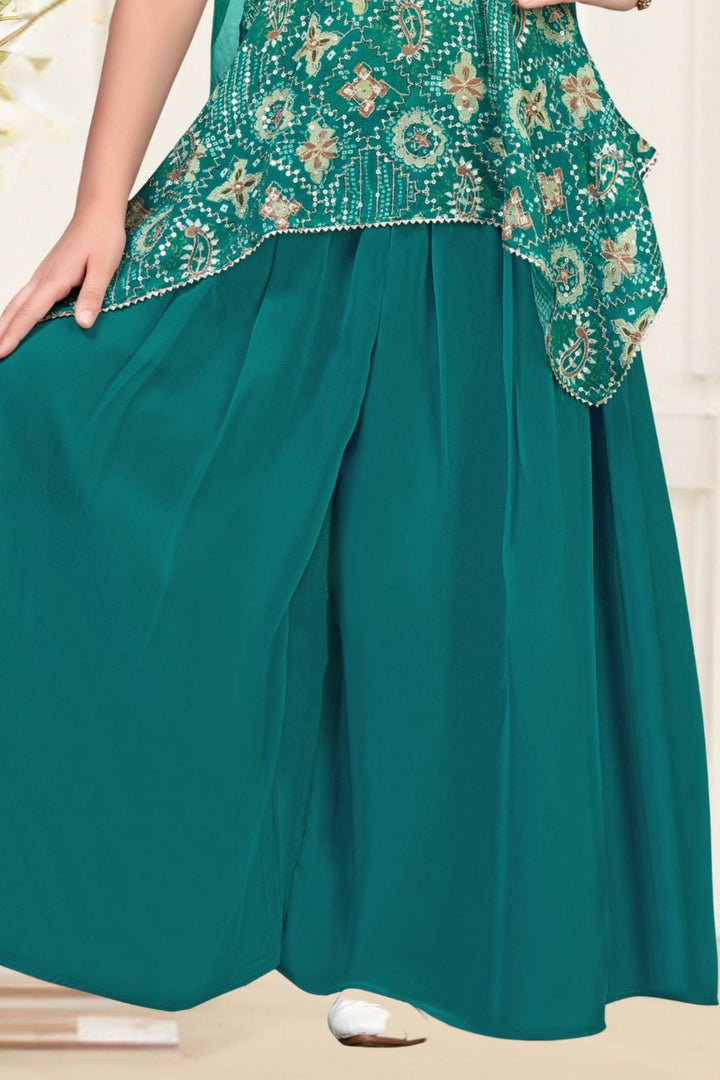 Rama Green Zari, Sequins and Stone work with Digital Print Palazzo Set For Girls