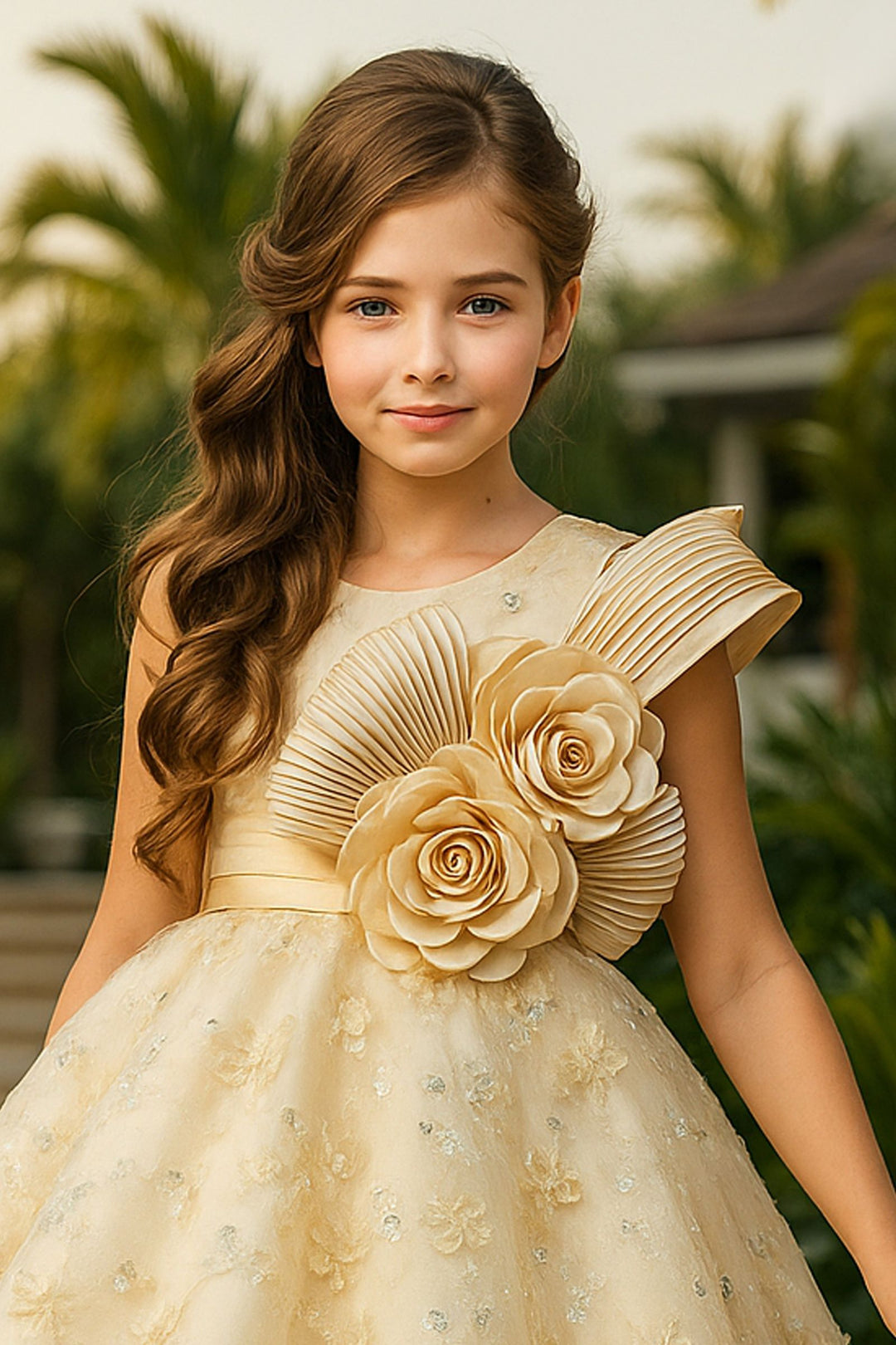 Fawn Sequins and Beads work Short Partywear Frock for Girls