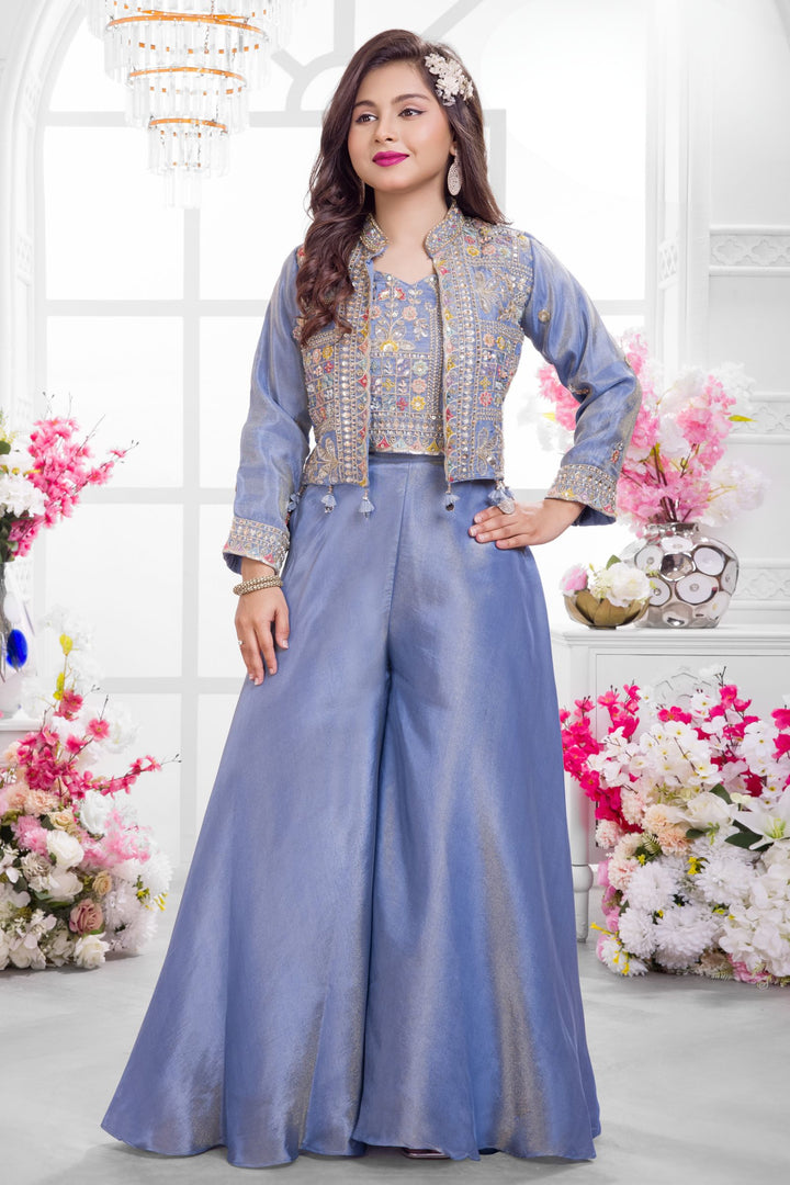 Greyish Blue Zari and Multicolor Thread work Jacket Style Palazzo Suit Set for Girls