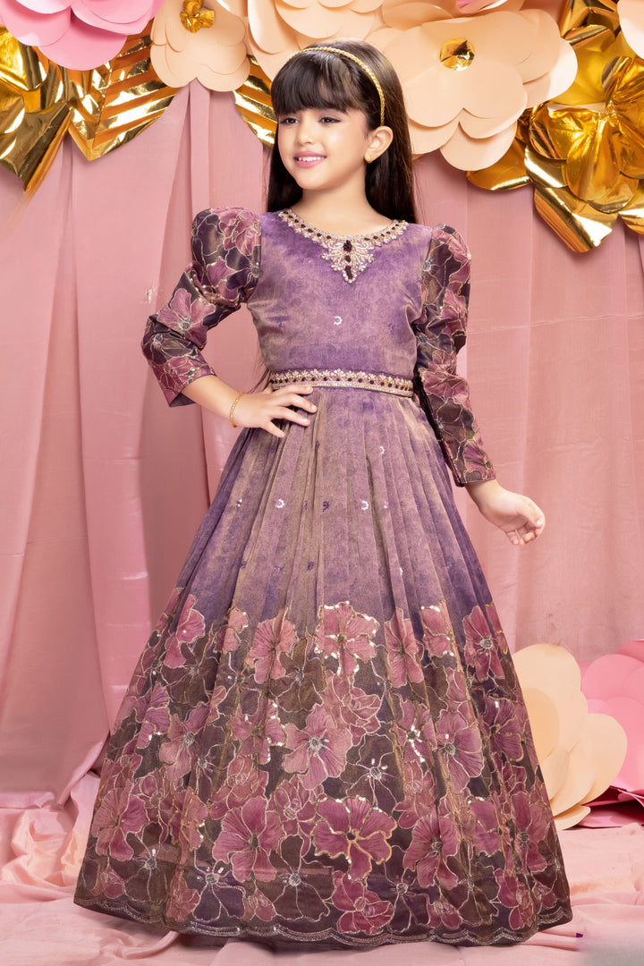 Purple Zardozi, Stone, Beads and Sequins work with Floral Print Long Party Gown for Girls