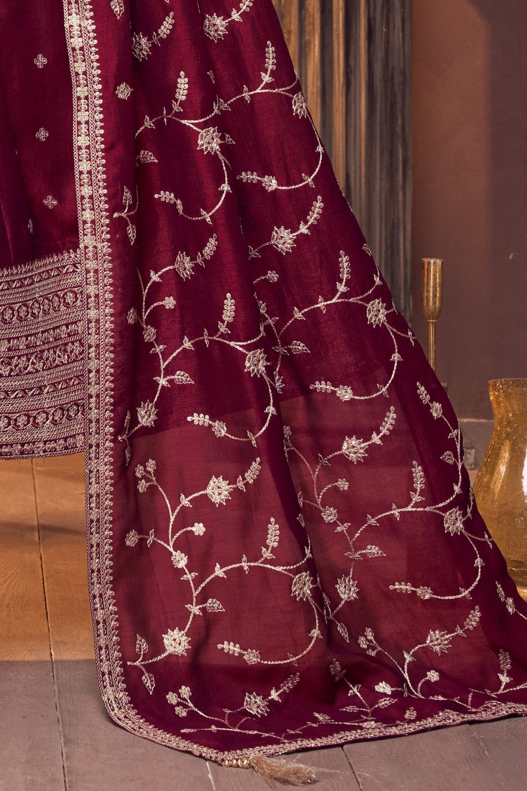 Wine Sequins, Zari and Stone work Anarkali Style Salwar