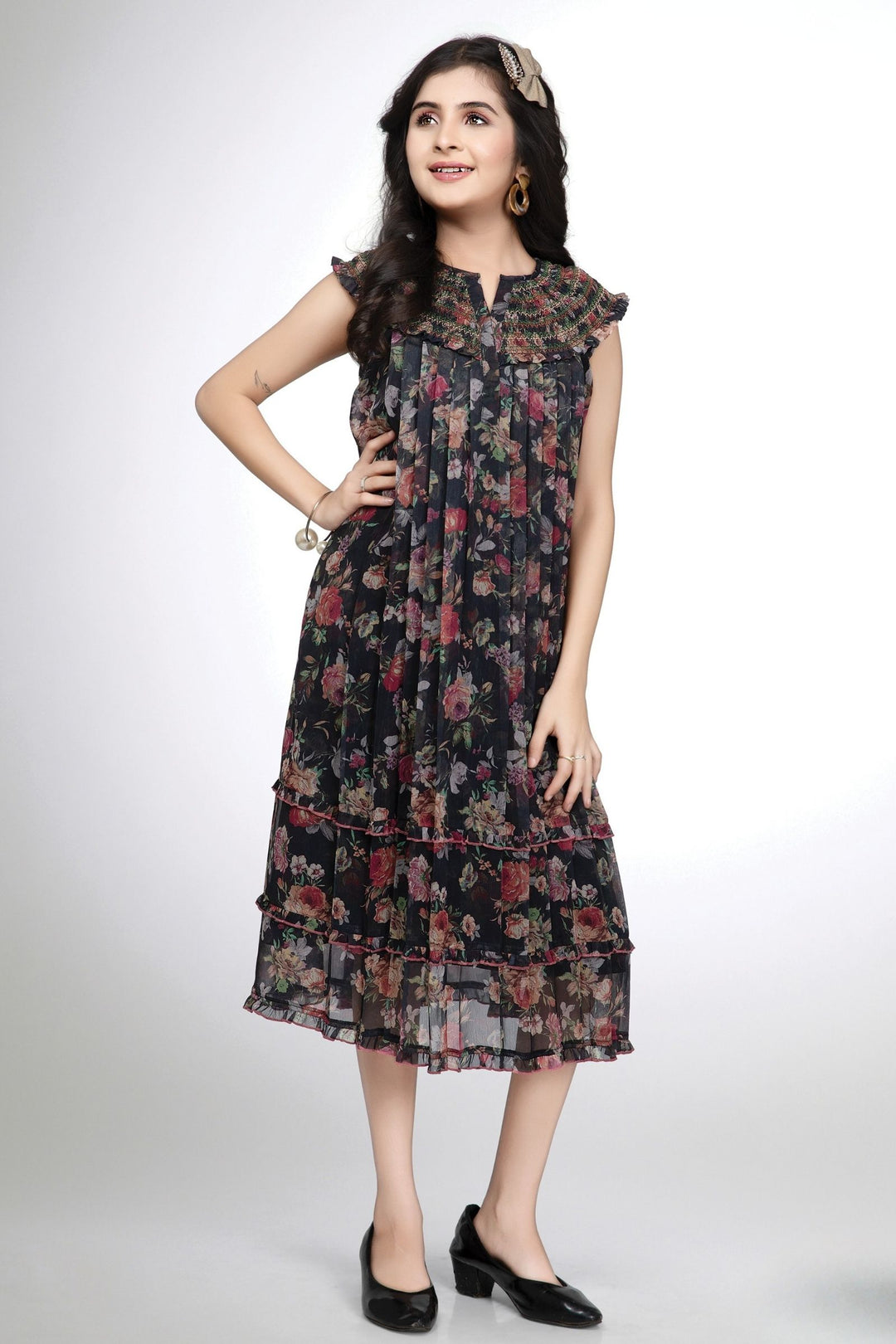 Girls Floral Print Casual Frock with Smocked Yoke