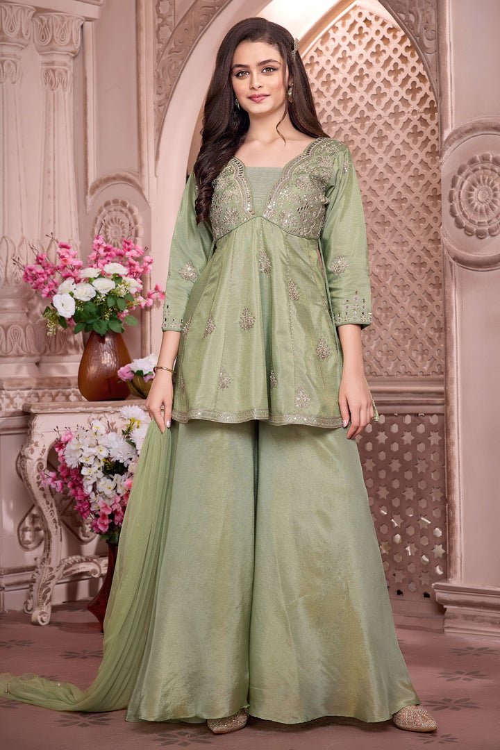 Pista Green Beads, Zari and Sequins work Palazzo Suit Set for Girls