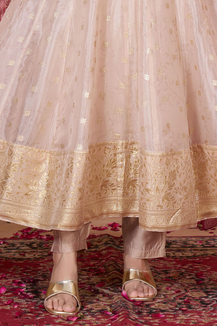 Light Peach Banaras, Mirror, Beads, Zardozi and Sequins work Anarkali Style Salwar
