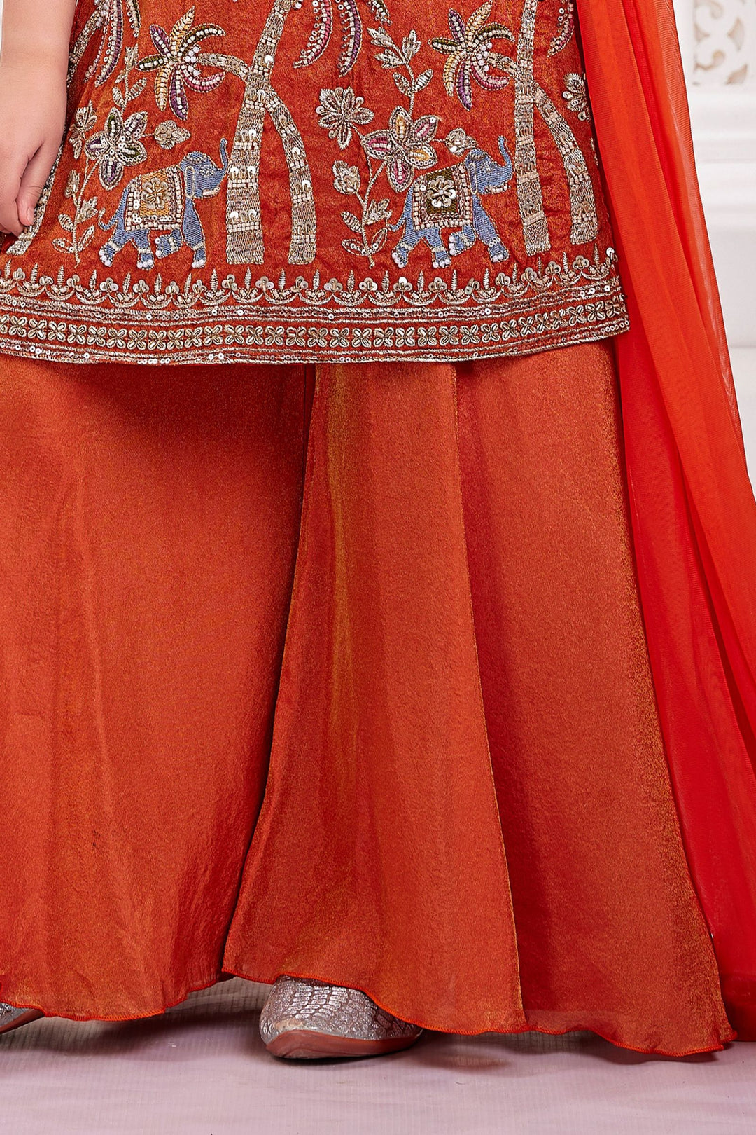 Orange Beads, Zari and Thread work Palazzo Suit Set for Girls